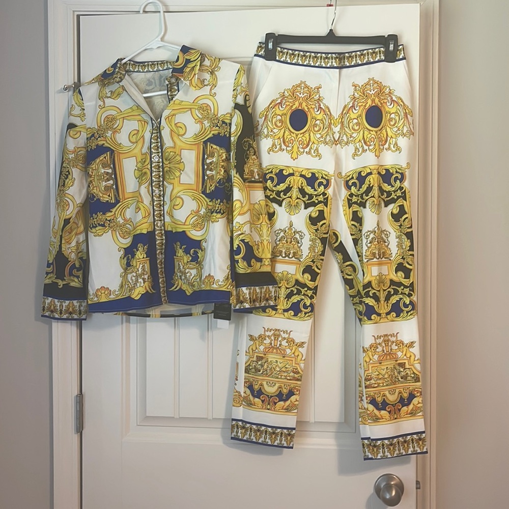 Burryco white and yellow print button down shirt and pants size 2